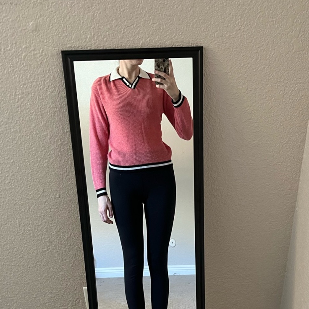 Vintage Trendy Red Knit Top with Black & White Trim